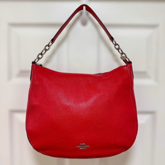 Coach Elle structured hobo bag in red pebbled leather with silver-tone hardware - Picture 1 of 12